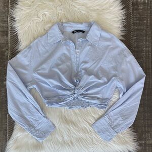 Zara Blue Pinstripe Cropped Button Up Top Size Small Front Knot Long Sleeve